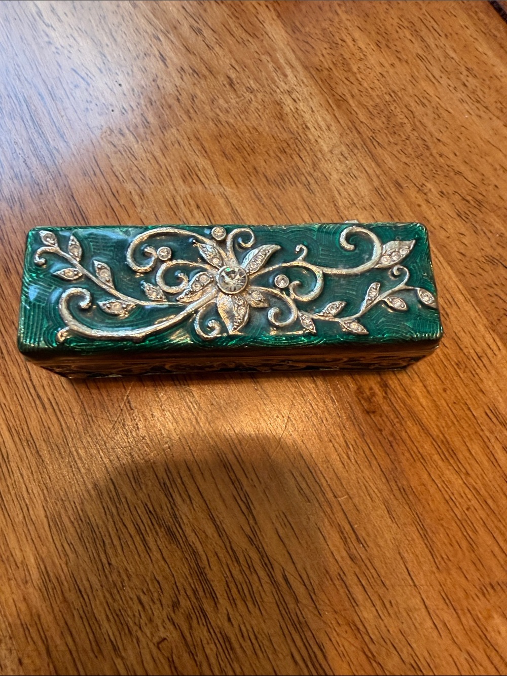 VINTAGE MONET ENAMELED MIRRORED LIPSTICK CASE GREEN & GOLD